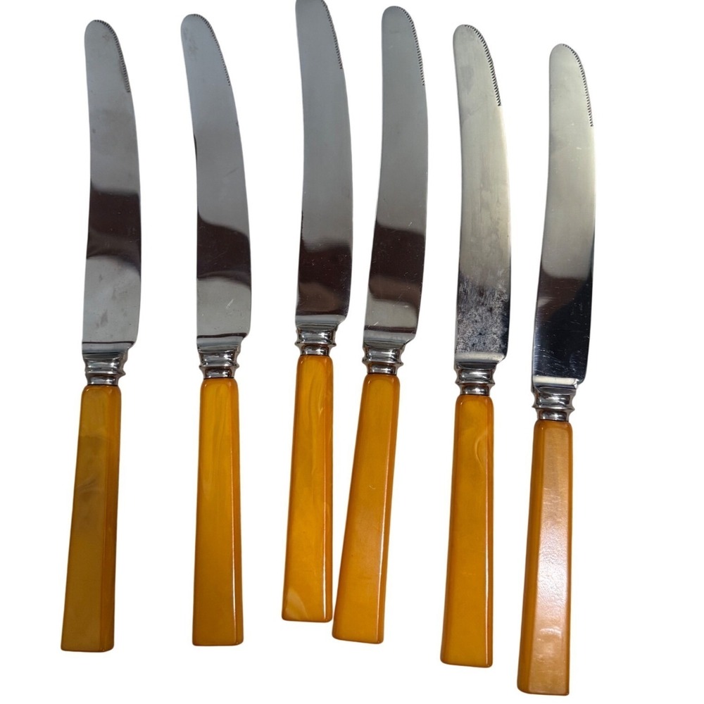 B Thomas & Co Sheffield England Vintage Knives (6) Butterscotch Bakelite Handle